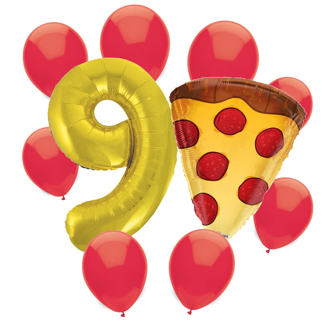 Pizza Party 9th birthday set main: number 9 foil, themed foil and 8 matching latex balloons