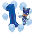 PJ Masks Catboy 1st birthday set main: number 1 foil, themed foil and 8 matching latex balloons