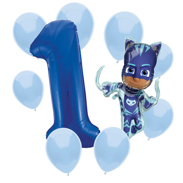 PJ Masks Catboy 1st birthday set main: number 1 foil, themed foil and 8 matching latex balloons