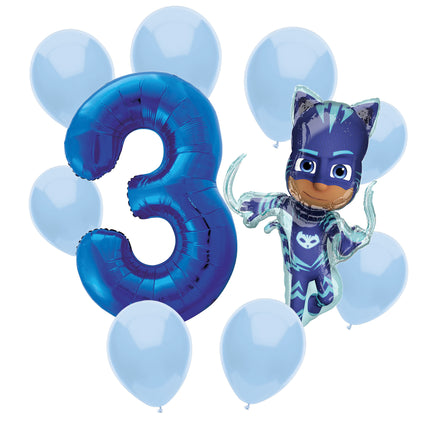 PJ Masks Catboy 3rd birthday set main: number 3 foil, themed foil and 8 matching latex balloons