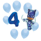 PJ Masks Catboy 4th birthday set main: number 4 foil, themed foil and 8 matching latex balloons