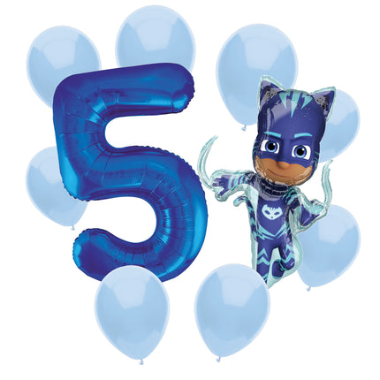 PJ Masks Catboy 5th birthday set main: number 5 foil, themed foil and 8 matching latex balloons