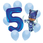 PJ Masks Catboy 5th birthday set main: number 5 foil, themed foil and 8 matching latex balloons