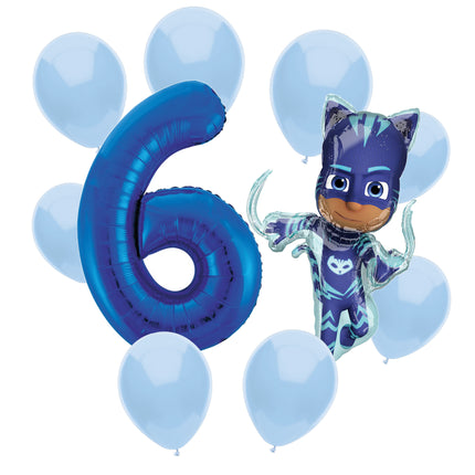PJ Masks Catboy 6th birthday set main: number 6 foil, themed foil and 8 matching latex balloons
