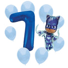 PJ Masks Catboy 7th birthday set main: number 7 foil, themed foil and 8 matching latex balloons