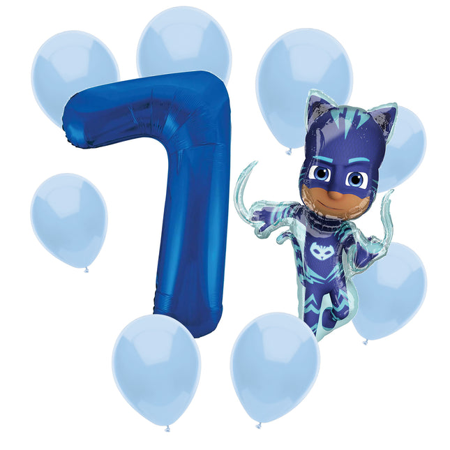 PJ Masks Catboy 7th birthday set main: number 7 foil, themed foil and 8 matching latex balloons