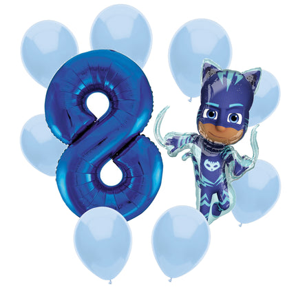 PJ Masks Catboy 8th birthday set main: number 8 foil, themed foil and 8 matching latex balloons