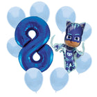 PJ Masks Catboy 8th birthday set main: number 8 foil, themed foil and 8 matching latex balloons