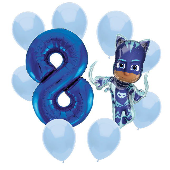 PJ Masks Catboy 8th birthday set main: number 8 foil, themed foil and 8 matching latex balloons