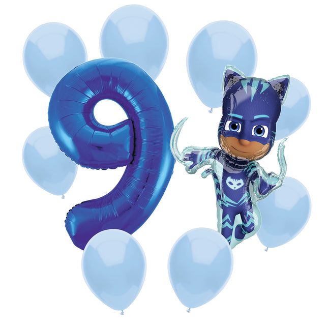 PJ Masks Catboy 9th birthday set main: number 9 foil, themed foil and 8 matching latex balloons
