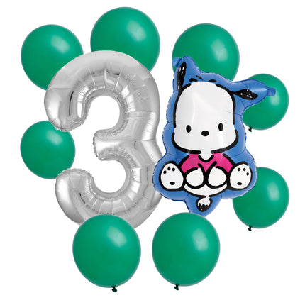 Pochacco 3rd birthday set main: number 3 foil, themed foil and 8 matching latex balloons