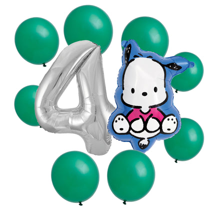 Pochacco 4th birthday set main: number 4 foil, themed foil and 8 matching latex balloons