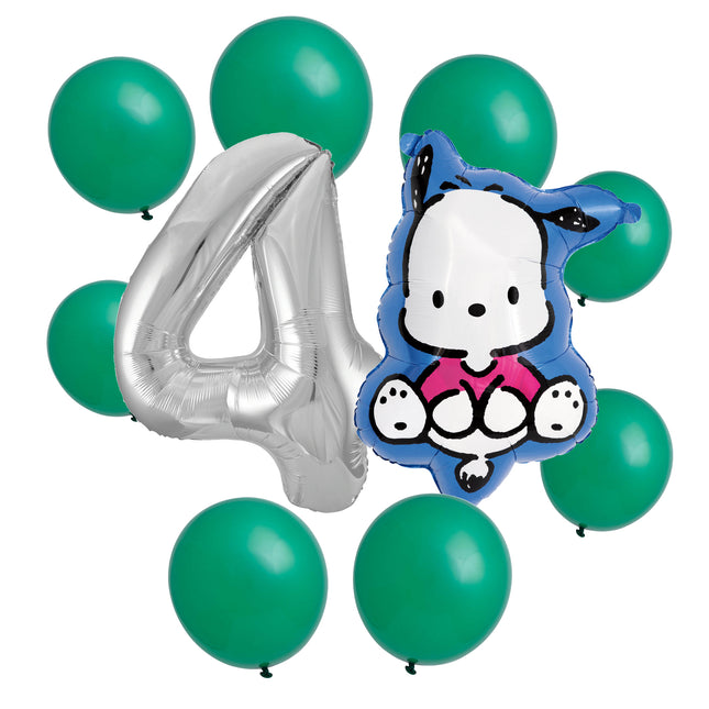 Pochacco 4th birthday set main: number 4 foil, themed foil and 8 matching latex balloons