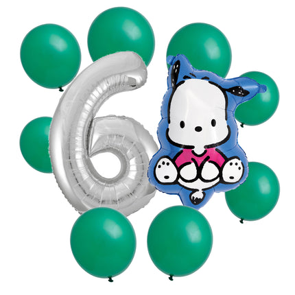 Pochacco 6th birthday set main: number 6 foil, themed foil and 8 matching latex balloons