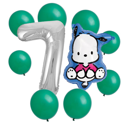 Pochacco 7th birthday set main: number 7 foil, themed foil and 8 matching latex balloons