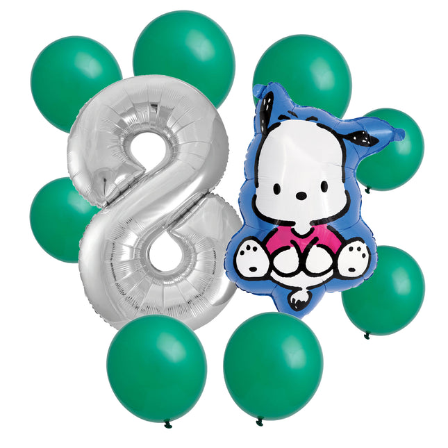 Pochacco 8th birthday set main: number 8 foil, themed foil and 8 matching latex balloons