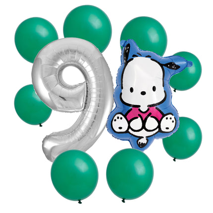 Pochacco 9th birthday set main: number 9 foil, themed foil and 8 matching latex balloons