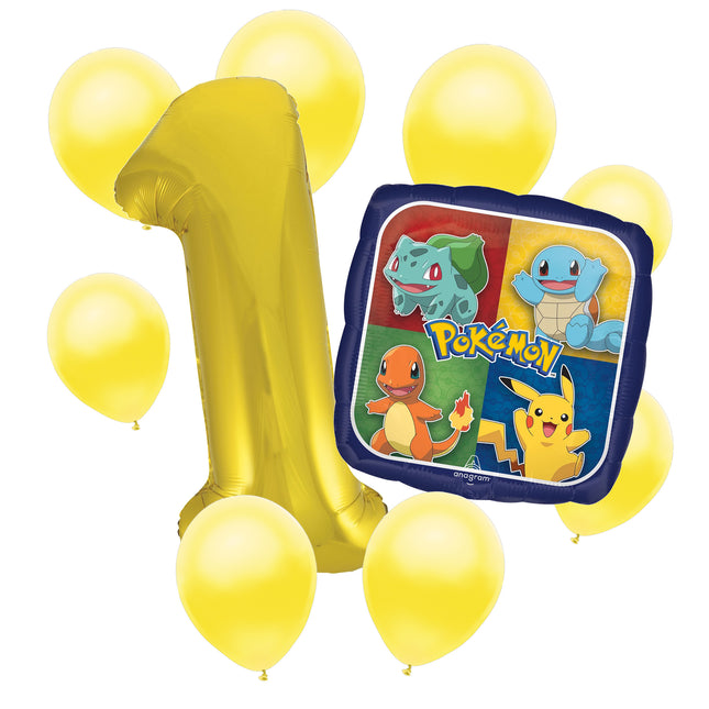 Pokemon 1st birthday set main: number 1 foil, themed foil and 8 matching latex balloons