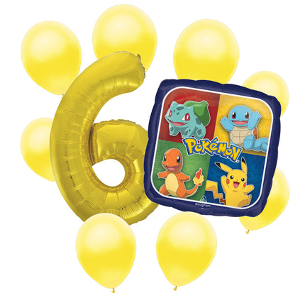 Pokemon 6th birthday set main: number 6 foil, themed foil and 8 matching latex balloons