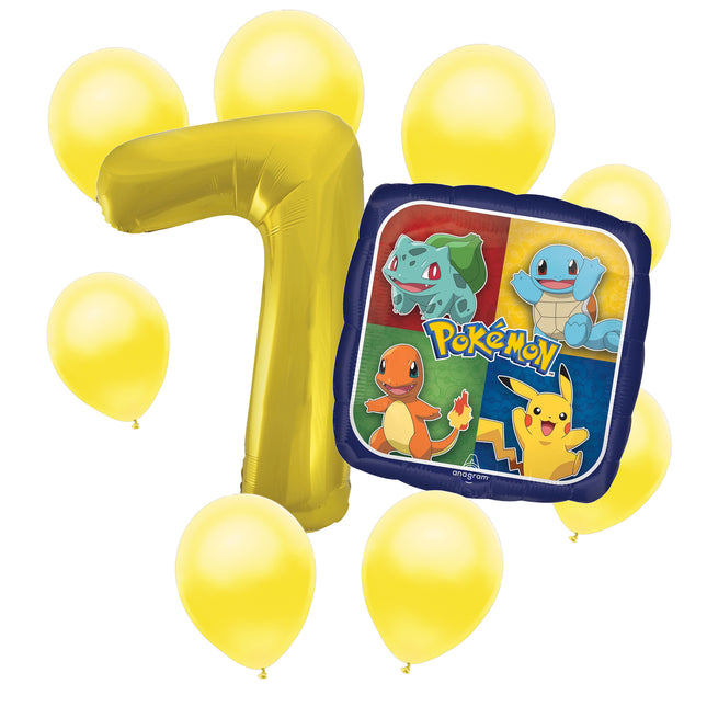 Pokemon 7th birthday set main: number 7 foil, themed foil and 8 matching latex balloons