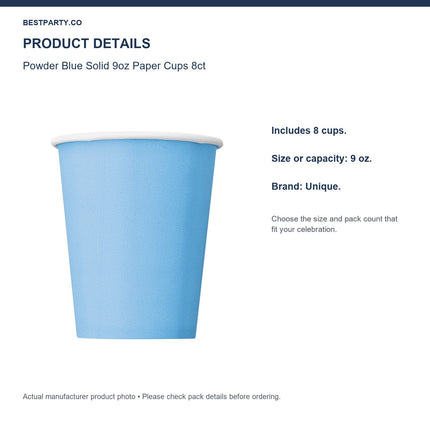 Powder Blue Solid 9oz Paper Cups 8ct — size and pack information