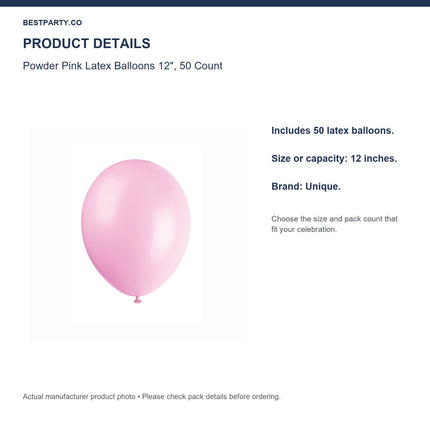 Powder Pink Latex Balloons 12", 50 Count — size and pack information