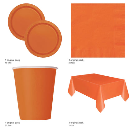 Pumpkin Orange Solid Coordinated Party Supplies Set for 16 Guests - included packs and quantities