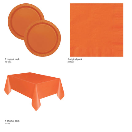 Pumpkin Orange Solid Plates, Napkins and Tablecloth Set for 16 Guests - included packs and quantities
