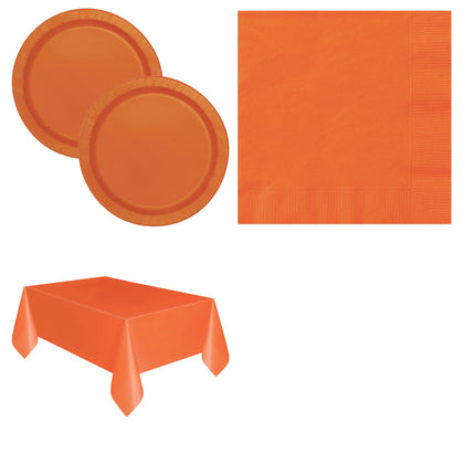 Pumpkin Orange Solid Plates, Napkins and Tablecloth Set for 16 Guests - set overview