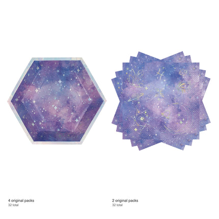 Purple Galaxy Hexagon Shaped Plates and Napkins Set for 32 Guests - included packs and quantities