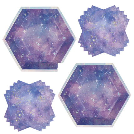 Purple Galaxy Hexagon Shaped Plates and Napkins Set for 32 Guests - set overview