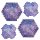 Purple Galaxy Hexagon Shaped Plates and Napkins Set for 32 Guests - set overview