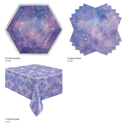 Purple Galaxy Plates, Napkins and Tablecloth Set for 16 Guests - included packs and quantities