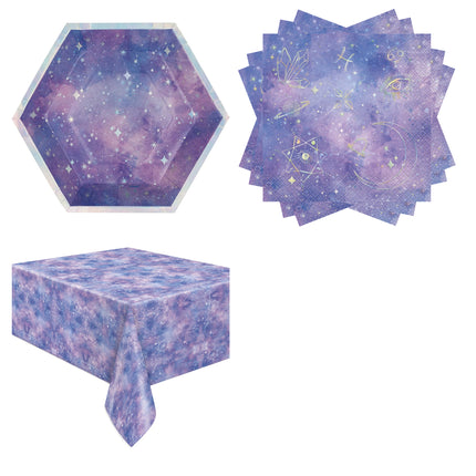 Purple Galaxy Plates, Napkins and Tablecloth Set for 16 Guests - set overview