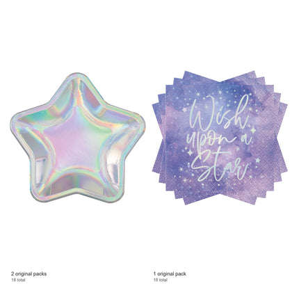 Purple Galaxy Star Shaped Plates and Napkins Set for 16 Guests - included packs and quantities
