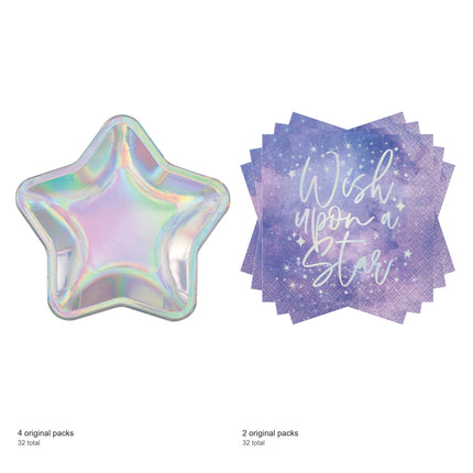 Purple Galaxy Star Shaped Plates and Napkins Set for 32 Guests - included packs and quantities