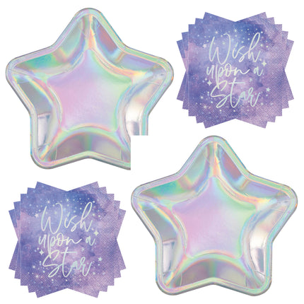 Purple Galaxy Star Shaped Plates and Napkins Set for 32 Guests - set overview