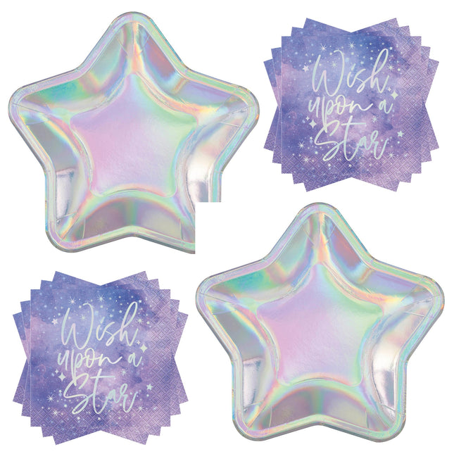 Purple Galaxy Star Shaped Plates and Napkins Set for 16 Guests - set overview