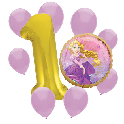 Rapunzel 1st birthday set main: number 1 foil, themed foil and 8 matching latex balloons