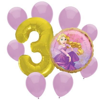 Rapunzel 3rd birthday set main: number 3 foil, themed foil and 8 matching latex balloons