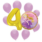 Rapunzel 4th birthday set main: number 4 foil, themed foil and 8 matching latex balloons