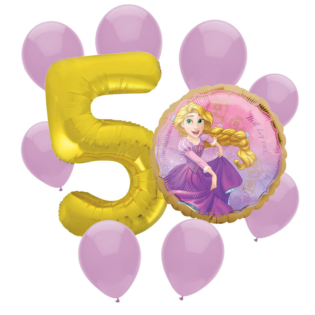 Rapunzel 5th birthday set main: number 5 foil, themed foil and 8 matching latex balloons
