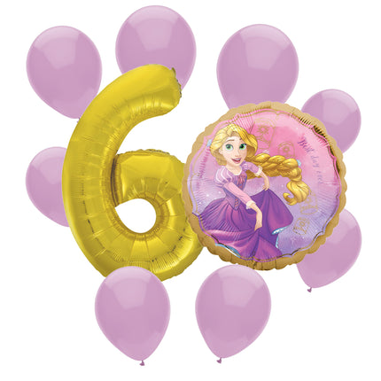 Rapunzel 6th birthday set main: number 6 foil, themed foil and 8 matching latex balloons