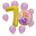 Rapunzel 7th birthday set main: number 7 foil, themed foil and 8 matching latex balloons