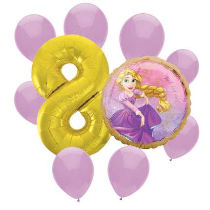 Rapunzel 8th birthday set main: number 8 foil, themed foil and 8 matching latex balloons