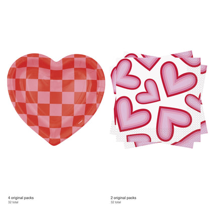 Retro Love Valentine Shaped Plates and Napkins Set for 32 Guests - included packs and quantities