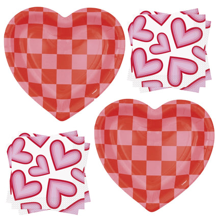 Retro Love Valentine Shaped Plates and Napkins Set for 16 Guests - set overview