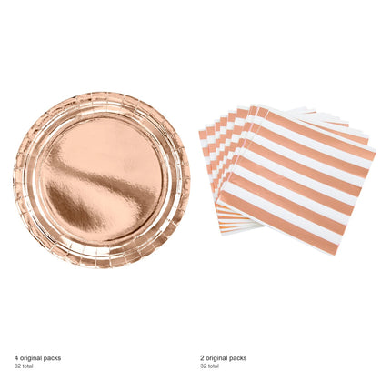 Rose Gold Metallic Dinner Plates and Napkins Set for 32 Guests - included packs and quantities