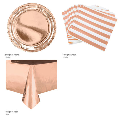 Rose Gold Metallic Plates, Napkins and Tablecloth Set for 16 Guests - included packs and quantities