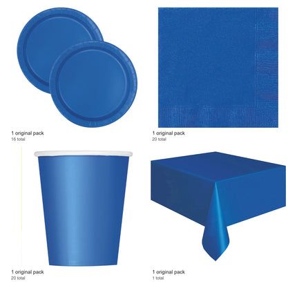 Royal Blue Solid Coordinated Party Supplies Set for 16 Guests - included packs and quantities